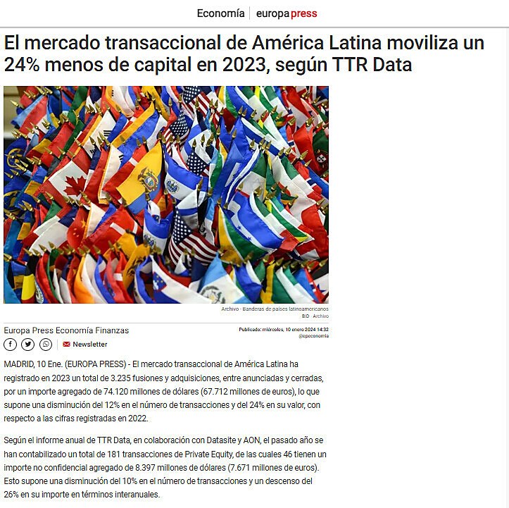 El mercado transaccional de Amrica Latina moviliza un 24% menos de capital en 2023, segn TTR Data